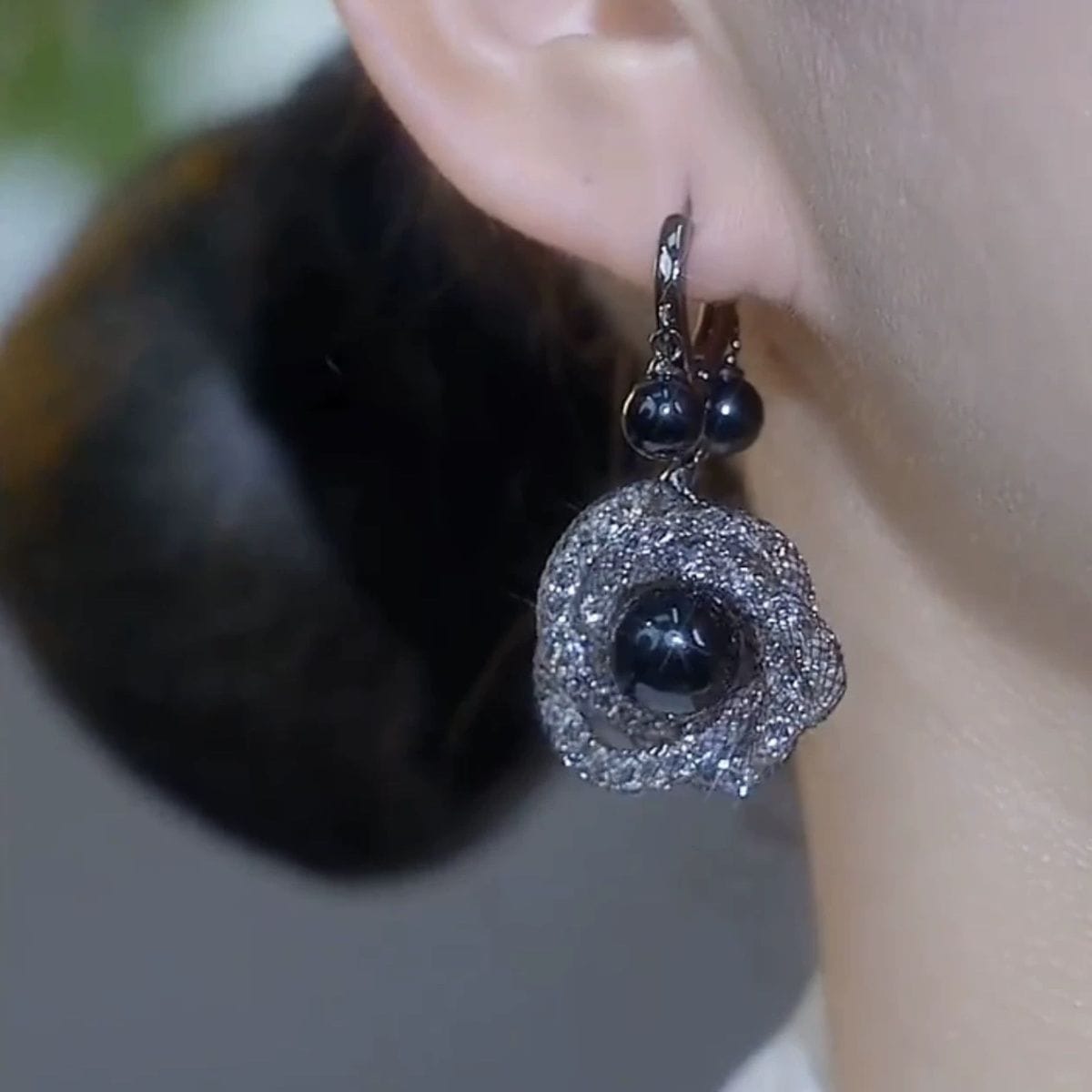 Black Rose Pearl Drop Earrings, view 2
